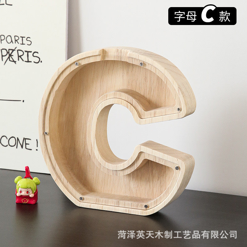 现货木质26个英文字母储蓄罐儿童小玩具收纳盒透明亚克力存钱罐子