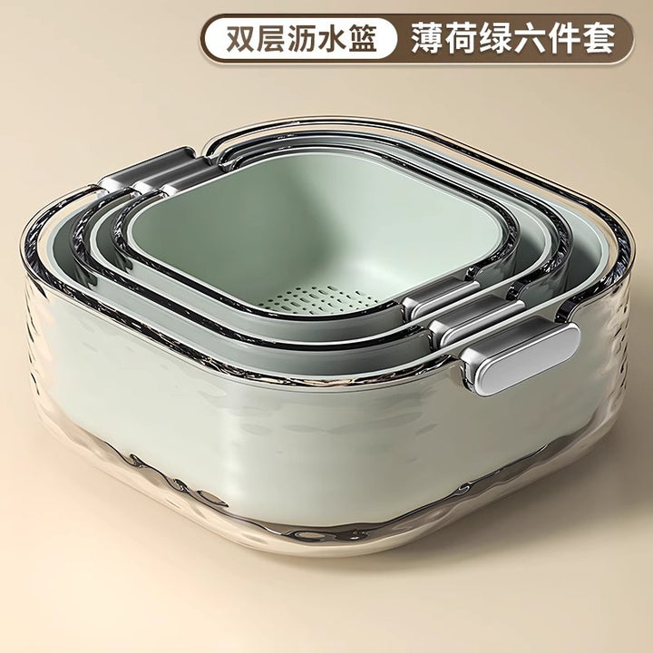 双层洗菜盆沥水篮六件套厨房客厅家用洗水果盘简约塑料淘菜菜篮子