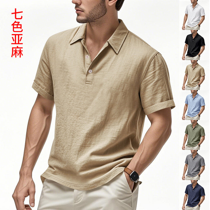 新款欧美跨境夏季男士英伦休闲系扣亚麻翻领POLO衫外贸休闲衬衫男