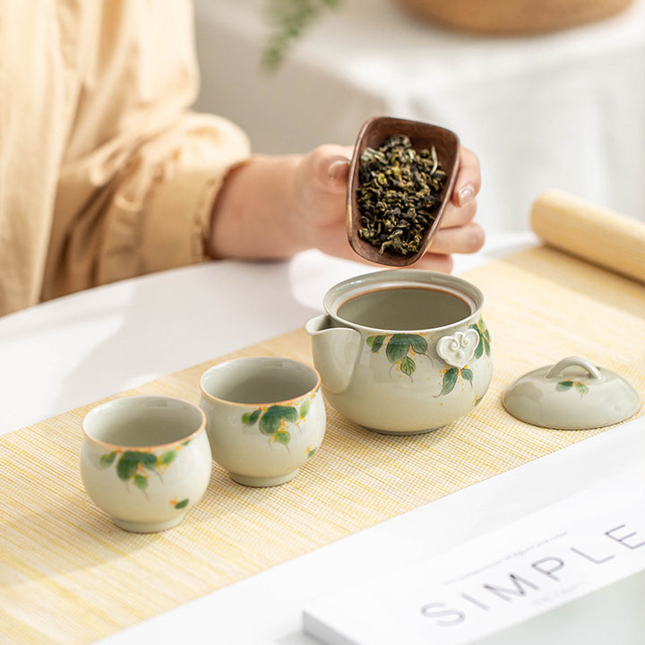 釉下彩纯手绘桂花功夫茶具草木灰一壶二杯收纳包家用陶瓷旅行套装