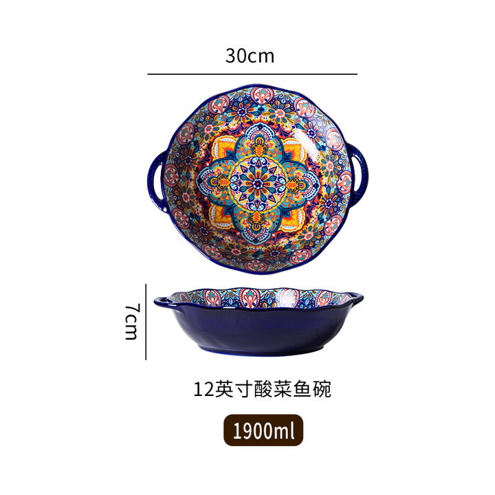 波西米亚陶瓷碗碟套装釉下彩饭碗家用复古双耳汤面碗高级感菜盘子