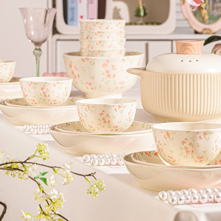 KANGMO Cream Style Ceramic Dinner Set - Floral Pattern Housewarming Wedding Gift