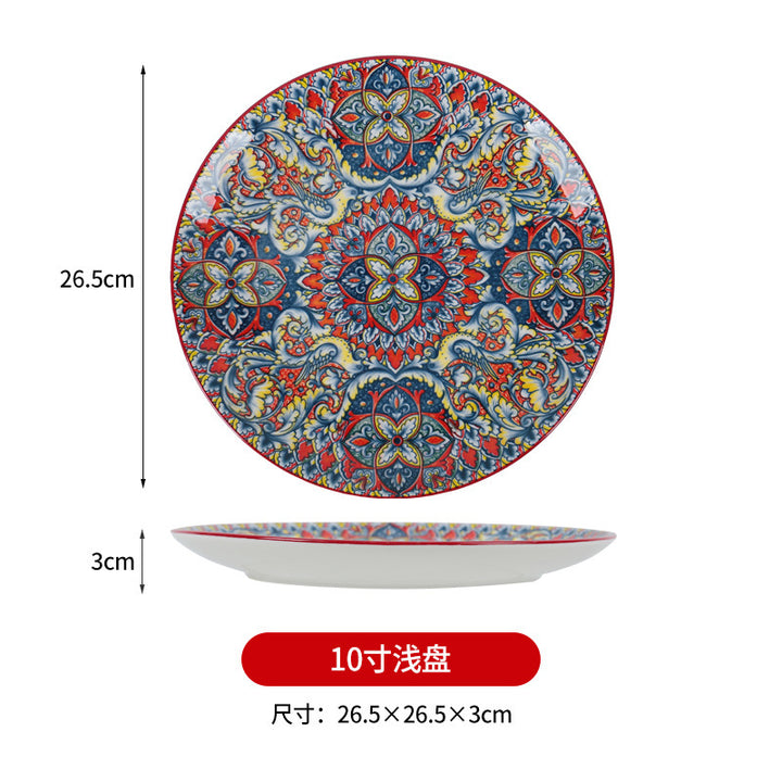 跨境波西米亚陶瓷餐具创意家用釉下彩饭碗汤碗手柄盘烤盘餐具套装