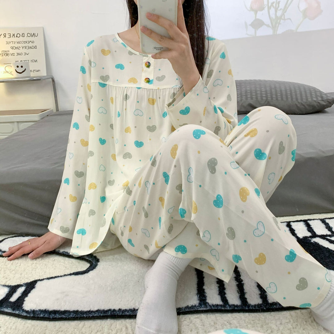依妮衫人棉绸长袖睡衣女爆款女士家居服夏季长袖人棉套装一件代发