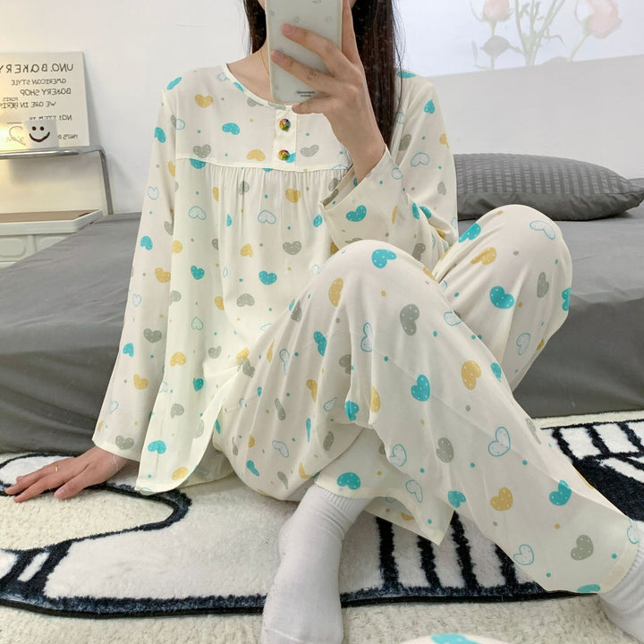 依妮衫人棉绸长袖睡衣女爆款女士家居服夏季长袖人棉套装一件代发