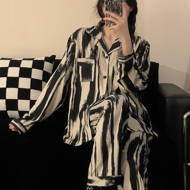 批发情侣睡衣春秋长袖长裤套装2023厂家新款水墨条纹家居服可外穿