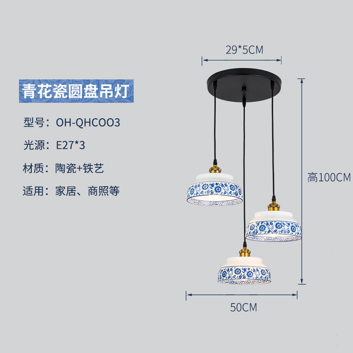 青花瓷餐厅吊灯三头中式古典卧室书房茶室陶瓷玄关楼梯吊灯过道灯
