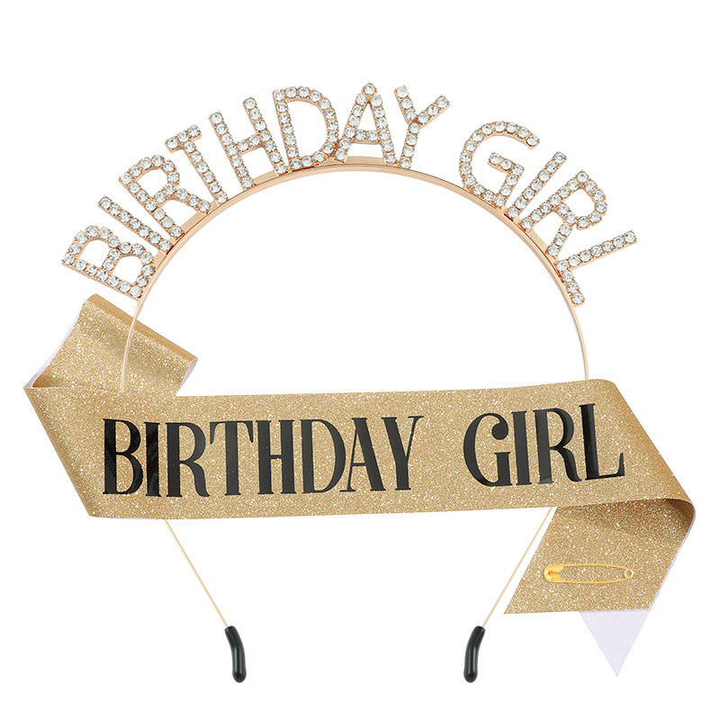 时尚水钻发箍肩带BIRTHDAY GIRL套装 女孩生日装饰腰带派对礼物