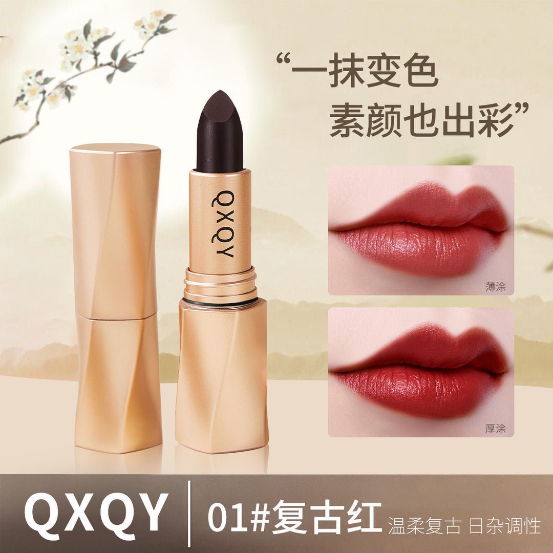 QXQY黑奢绒光不沾杯口红哑光防水豆沙色显色气质丝绒唇膏厂家代发