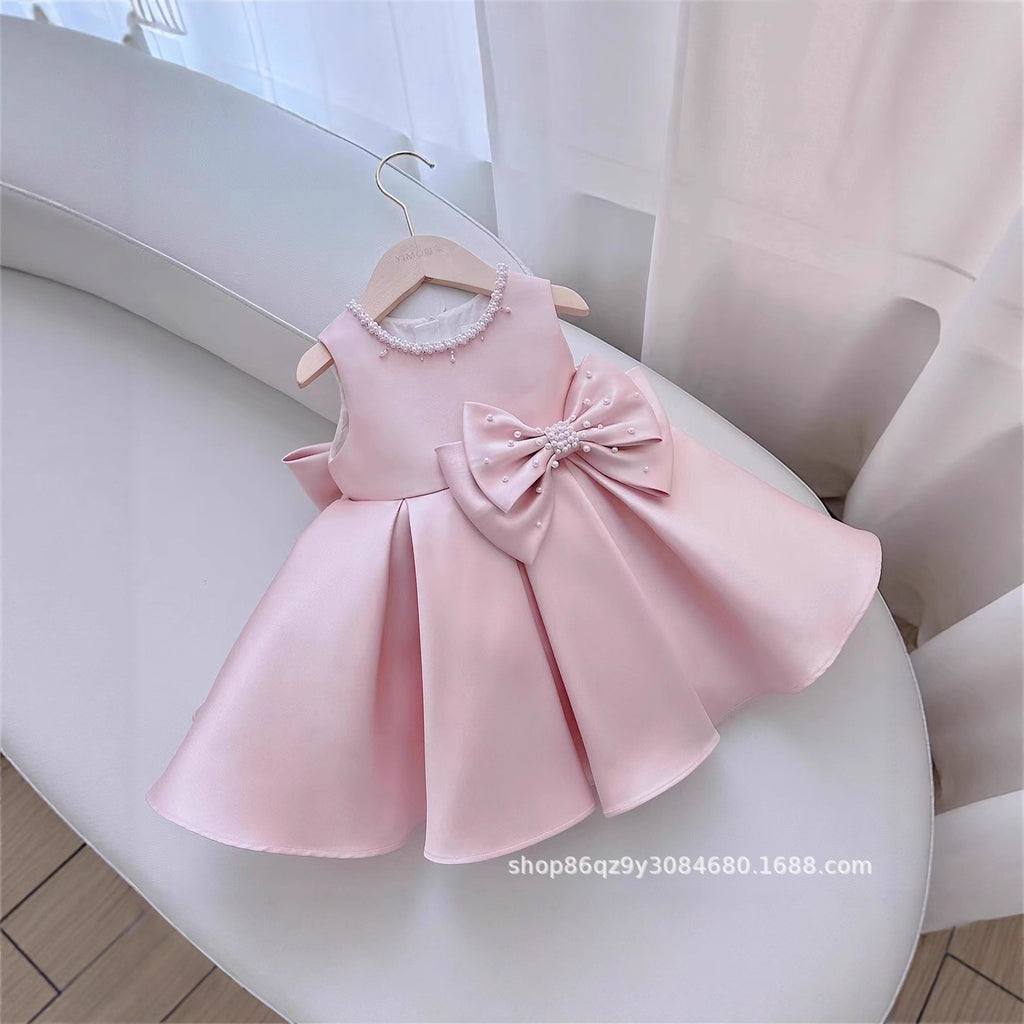 女宝生日礼服粉色缎面公主裙宝宝一周岁生日连衣裙抓周百天小礼服