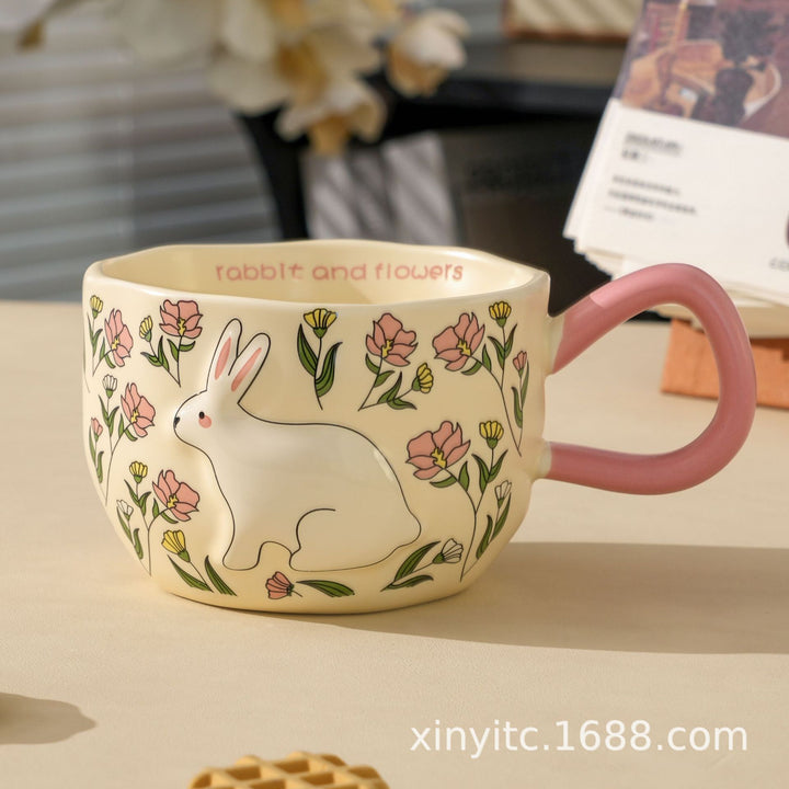 可爱设计感浮雕花间兔精灵马克杯高颜值办公室水杯咖啡创意伴手礼