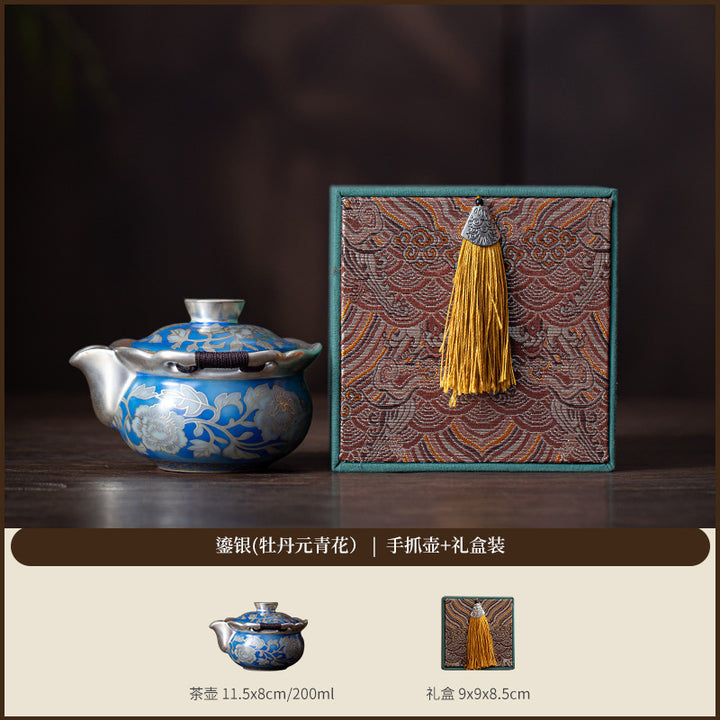 999鎏银 元青花手抓壶功夫茶具高档一壶两杯送长辈父亲老师伴手礼