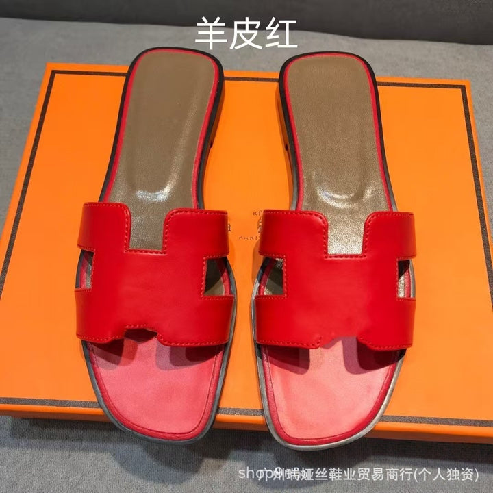 外贸批发经典H女鞋平底居家一字平跟沙滩休闲凉鞋外穿百搭泡沫