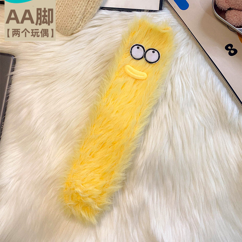 丑萌搞怪袜子女中筒袜秋冬地板睡眠袜珊瑚绒家居毛毛茸茸可爱保暖