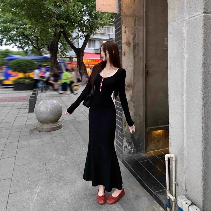 黑色长袖内搭打底初秋连衣裙子女2025新款千金风法式气质包臀长裙