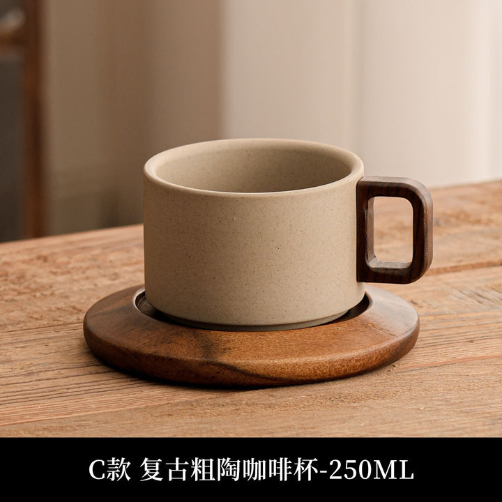 陶土咖啡杯中古风花茶马克杯咖啡杯套装木杯垫送人客户伴手礼logo