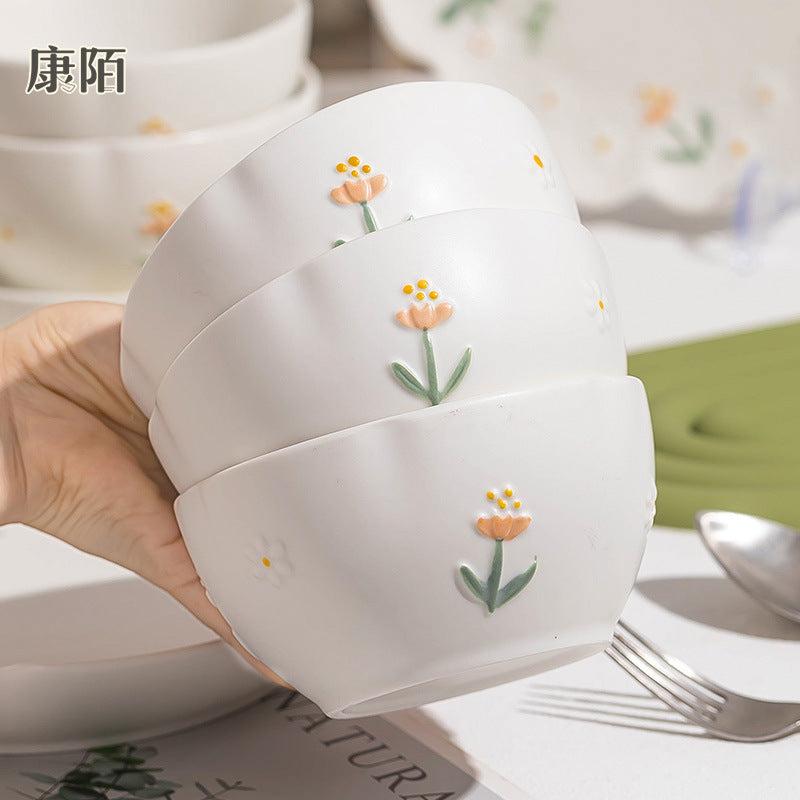 Premium Design Embossed Small Cute Ceramic Bowl Japanese Style Thickened Bowl Chopsticks Home Wholesale