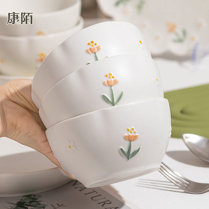 Premium Design Embossed Small Cute Ceramic Bowl Japanese Style Thickened Bowl Chopsticks Home Wholesale