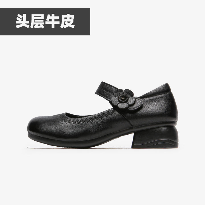 真皮妈妈鞋女坡跟魔术贴浅口单鞋防滑耐磨透气休闲小单鞋2026新款