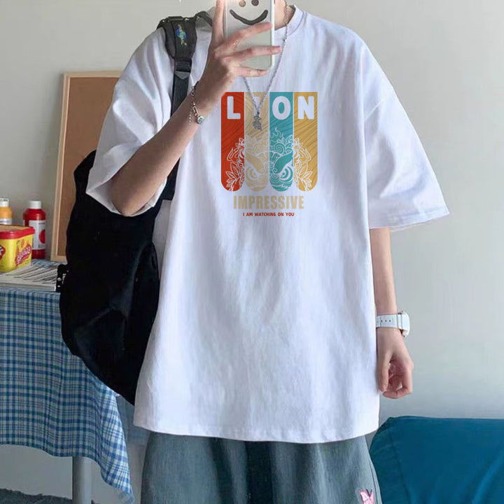 纯棉短袖高级感T恤男港风潮牌大码圆领体恤青少年五分袖厂家直销