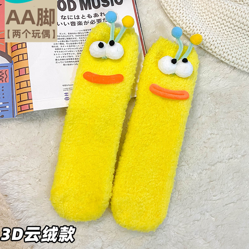 【跨境】水貂绒袜子女日系可爱甜美中筒袜冬季毛绒保暖地板袜搞怪