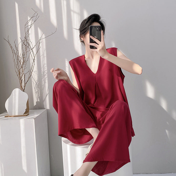 2026新款棉绸睡衣女春夏季带胸垫纯色大码无袖背心长裤家居服套装