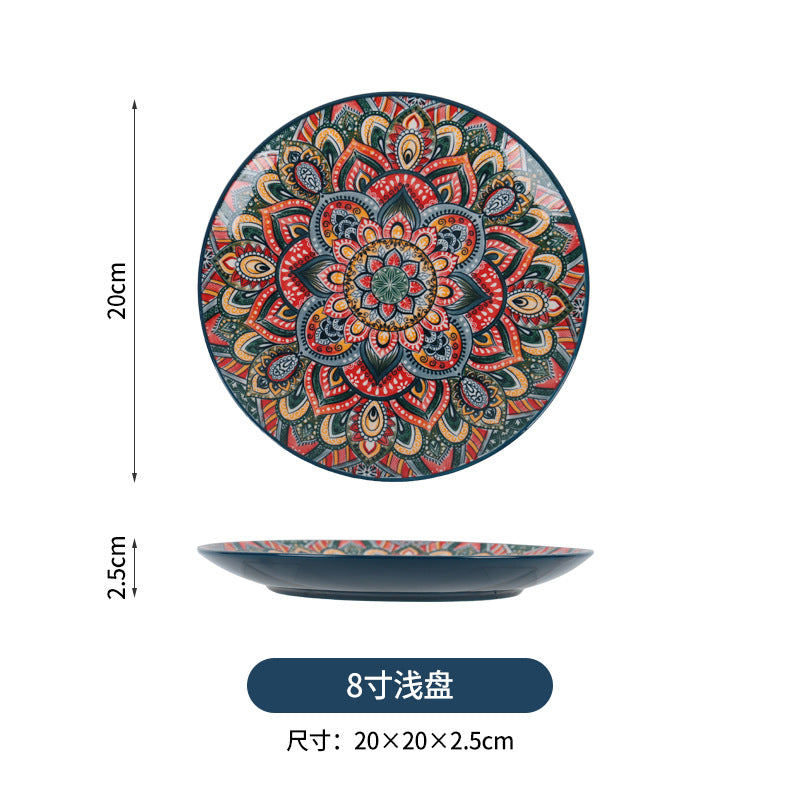 跨境波西米亚陶瓷餐具创意家用釉下彩饭碗汤碗手柄盘烤盘餐具套装