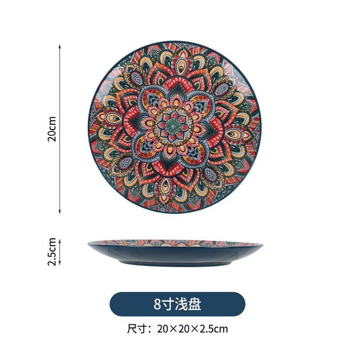 跨境波西米亚陶瓷餐具创意家用釉下彩饭碗汤碗手柄盘烤盘餐具套装