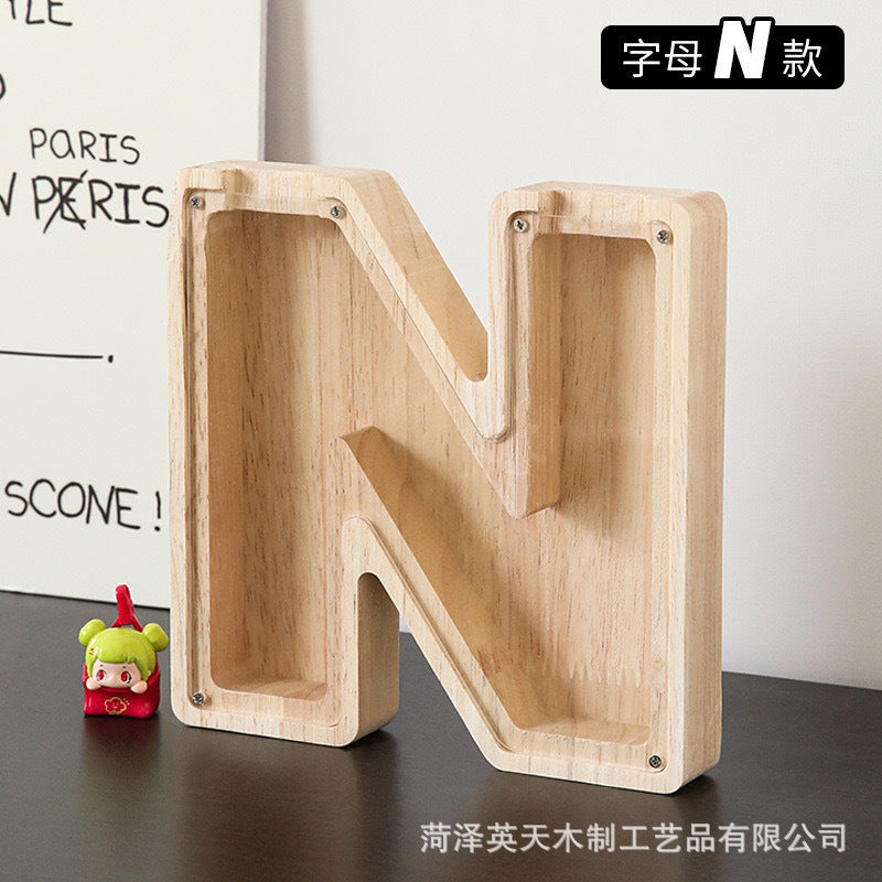 现货木质26个英文字母储蓄罐儿童小玩具收纳盒透明亚克力存钱罐子
