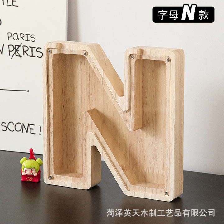 现货木质26个英文字母储蓄罐儿童小玩具收纳盒透明亚克力存钱罐子