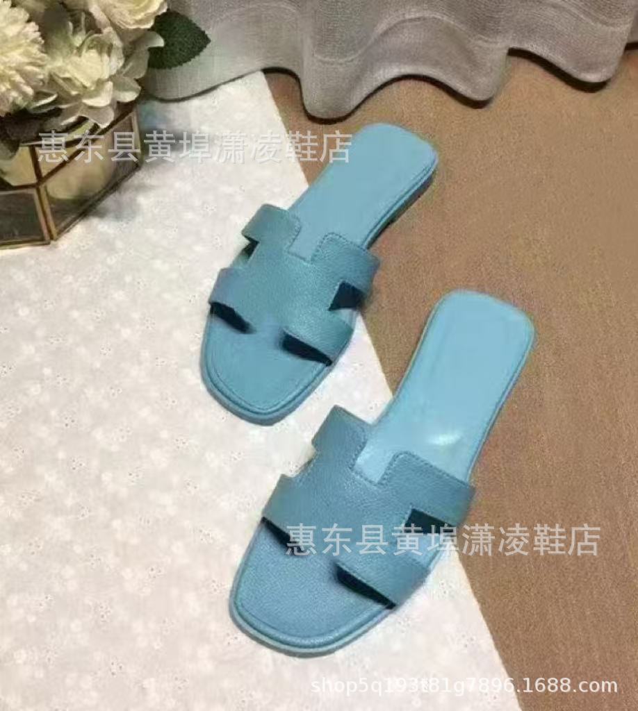 跨境外贸经典H拖鞋羊皮平底女拖鞋沙滩一字拖鞋女士凉拖鞋