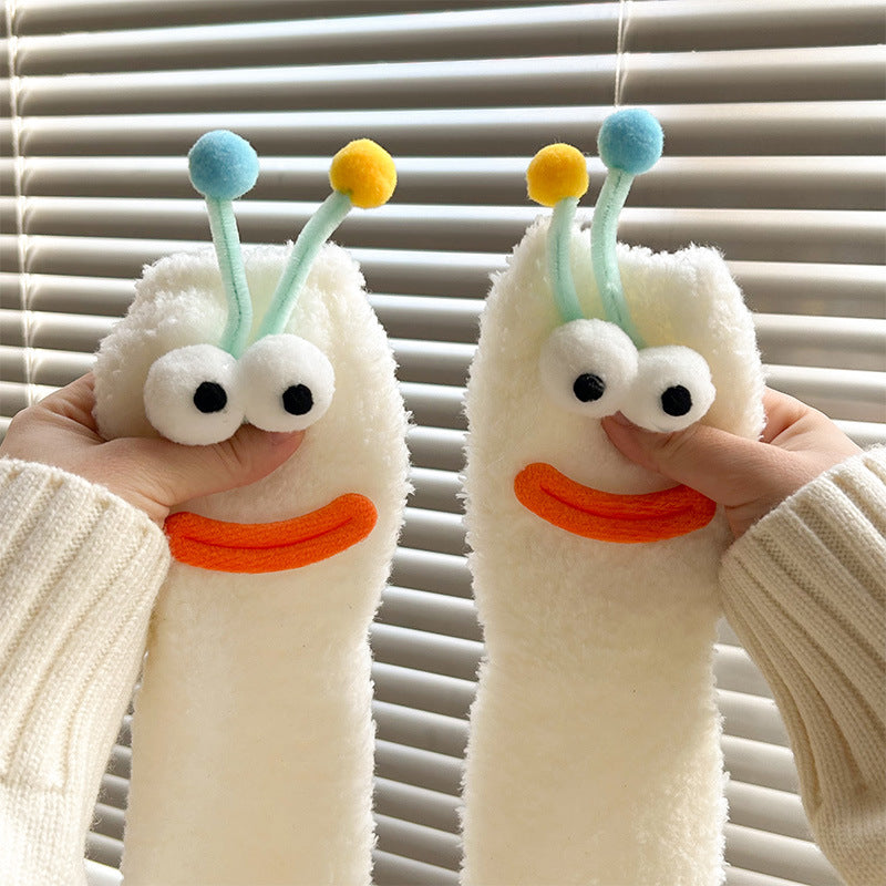 丑萌搞怪袜子女中筒袜秋冬地板睡眠袜珊瑚绒家居毛毛茸茸可爱保暖