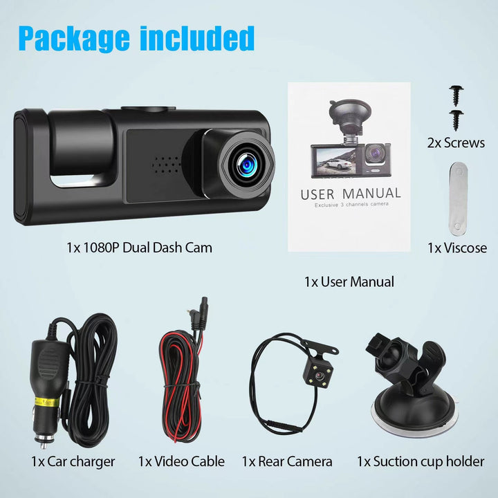 HD Rear View 3-Lens Car Dash Cam – Phone Connected Vehicle Recorder