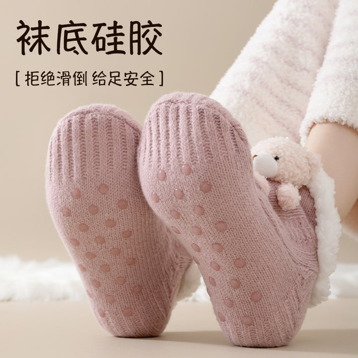 地板袜女冬季加绒加厚保暖羊羔绒可爱小熊春秋款居家睡觉暖脚短袜