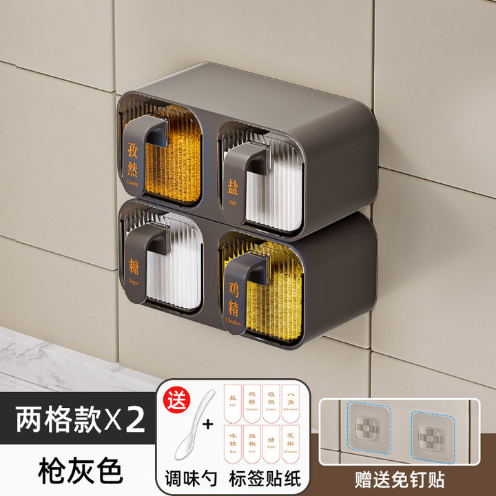 壁挂一体多格调料盒组合套厨房家用品防潮收纳盐味精塑料罐置物架