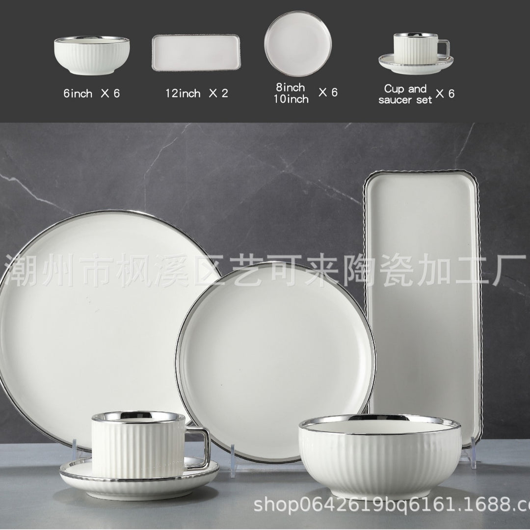 北欧金边32头家居日用陶瓷碗盘子杯碟套装创意组合餐具套装批发