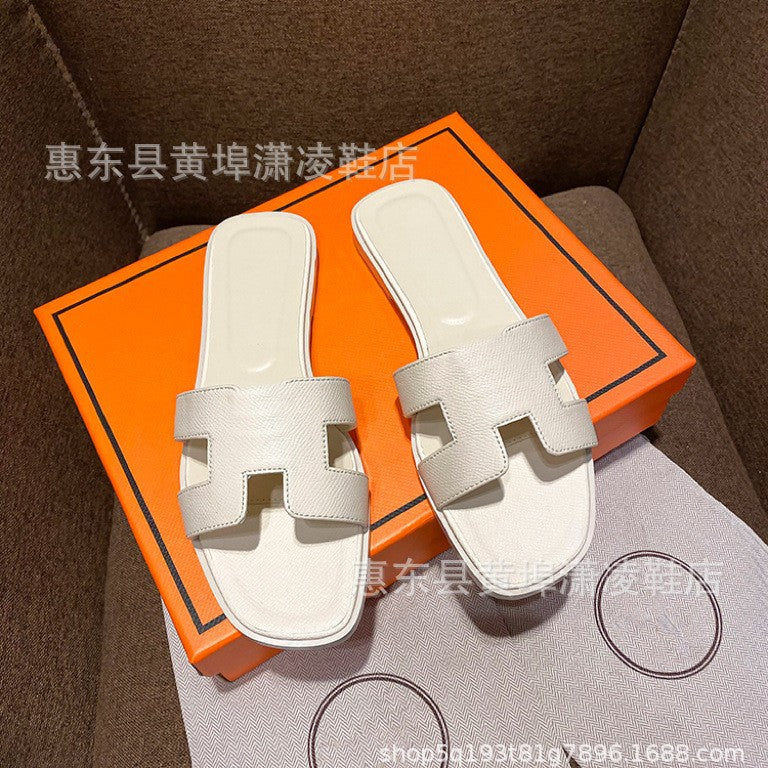 跨境外贸经典H拖鞋羊皮平底女拖鞋沙滩一字拖鞋女士凉拖鞋