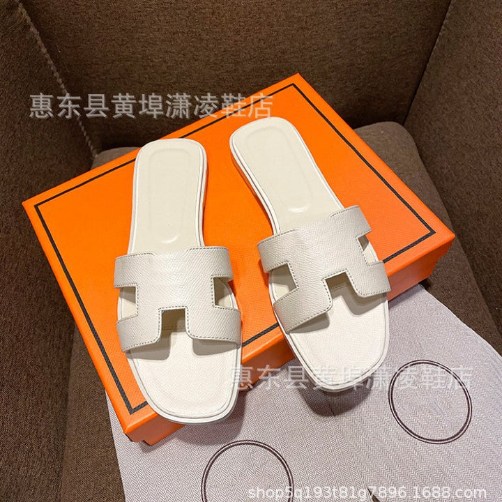 跨境外贸经典H拖鞋羊皮平底女拖鞋沙滩一字拖鞋女士凉拖鞋