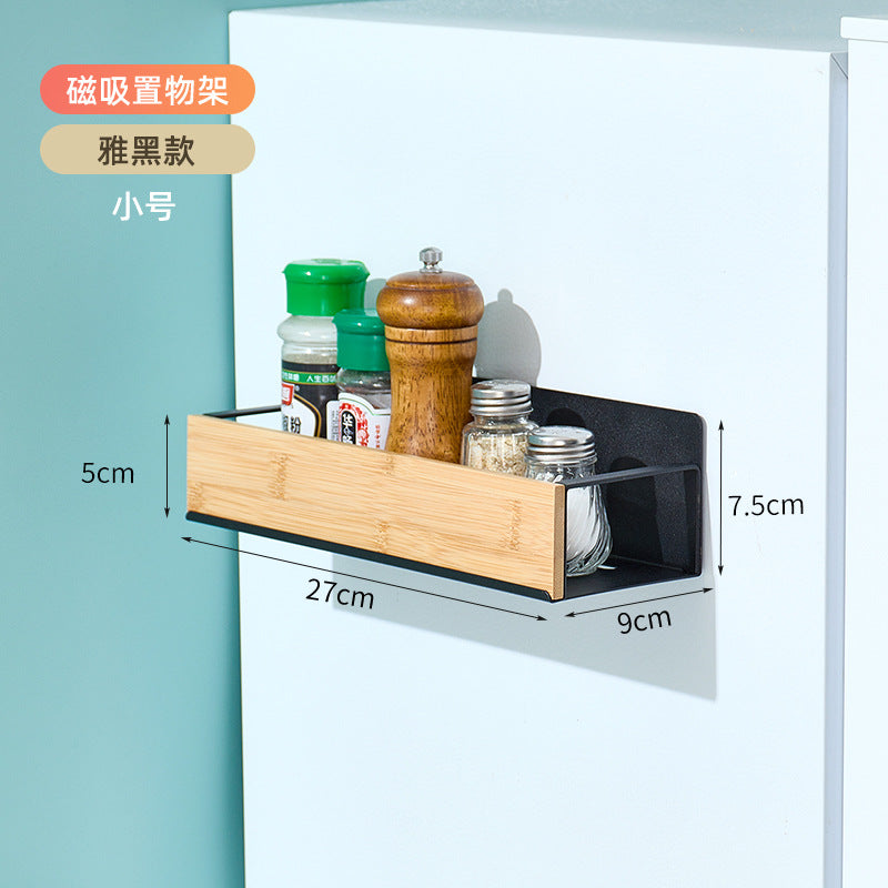 跨境厨房壁挂式竹木置物架磁吸式冰箱架侧挂收纳架免打孔调料架盒