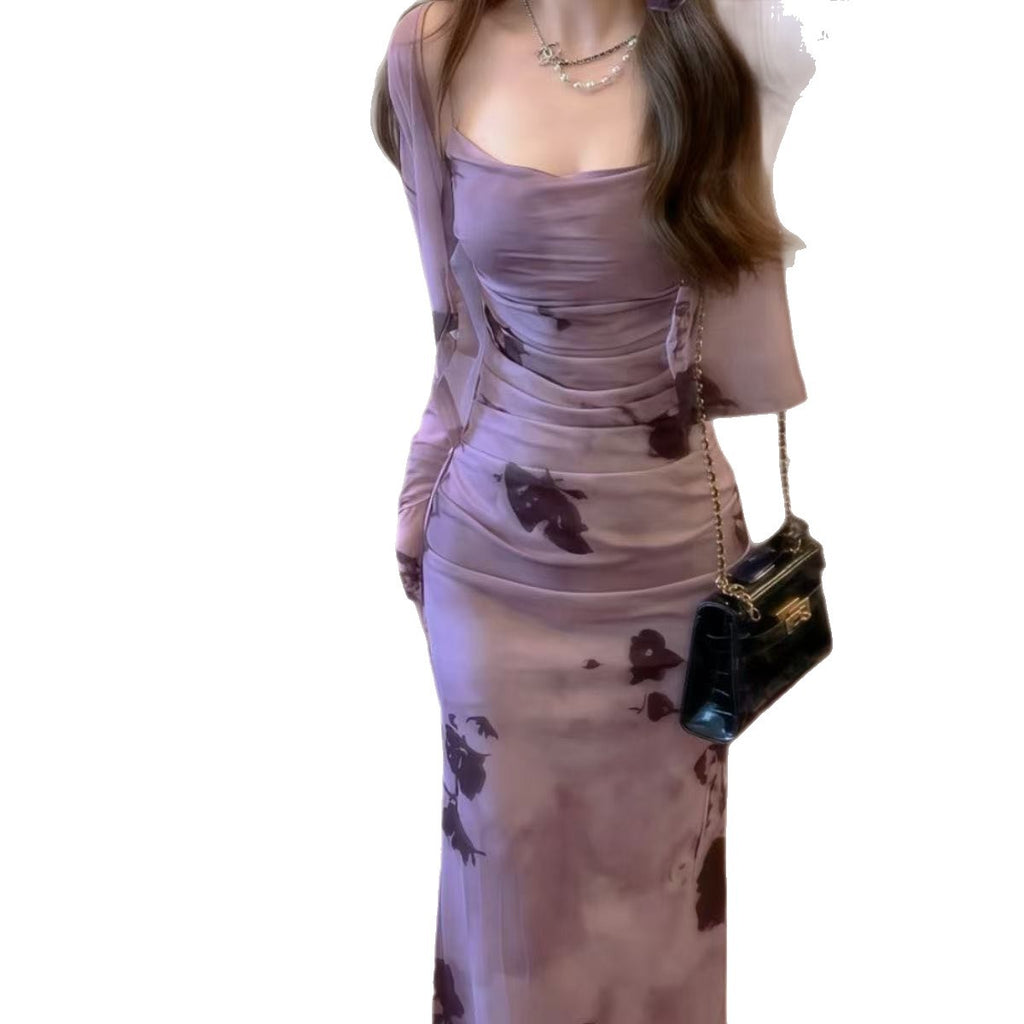 French Vintage Purple Ink Floral Slip Dress – Elegant Slim Fit Women's Dress