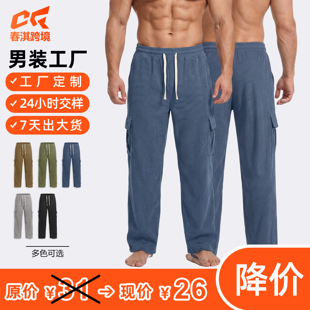 欧美跨境新款多袋慢跑裤外贸亚马逊TK秋季运动灯芯绒男士休闲裤男