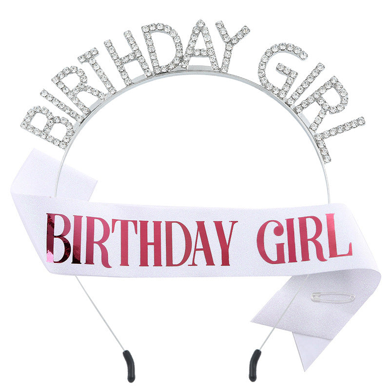 时尚水钻发箍肩带BIRTHDAY GIRL套装 女孩生日装饰腰带派对礼物