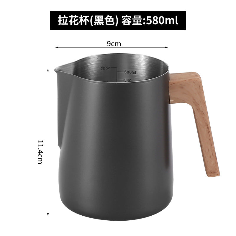 跨境新款304不锈钢木纹柄拉花杯带刻度量杯打奶拉花缸咖啡奶泡杯