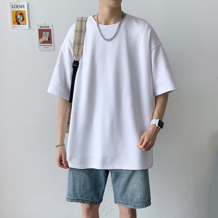 潮流港风短袖恤男韩版休闲夏季五分袖潮牌百搭半袖上衣白色