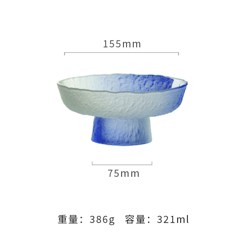 新款彩色冰露果盘水晶玻璃多彩高脚果盘批发渐变粉蓝盘子轻奢套装