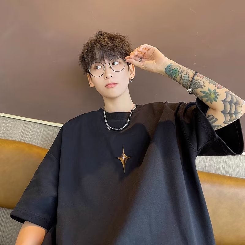 美式潮牌十字星短袖t恤男夏季ins港风宽松棉质半袖衫情侣百搭上衣