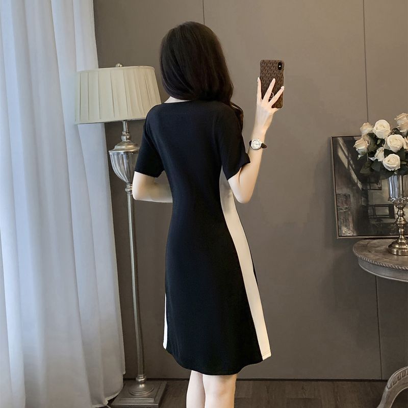 French Color-Block Slim Waist Spliced Summer Dress – Elegant Black & White Midi Dress