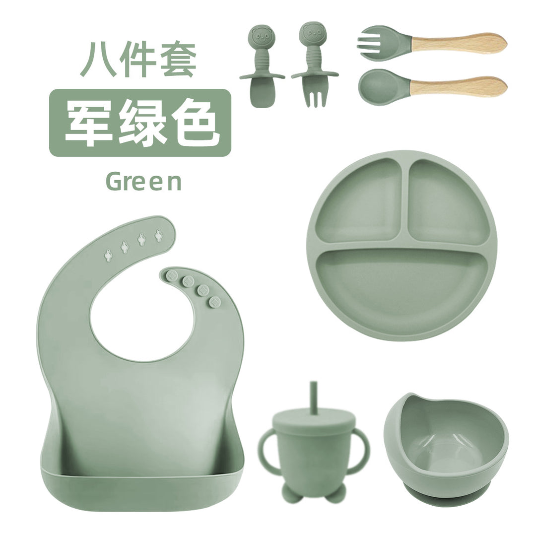 新品婴儿硅胶餐具套装辅食八件套食品级婴幼儿吸盘式围兜勺子餐具