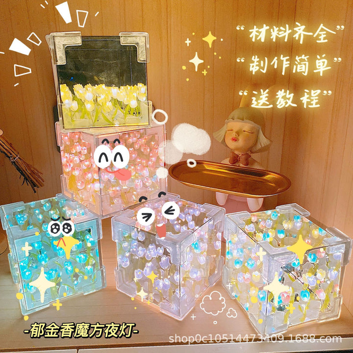 七夕礼物郁金香花小夜灯手工 diy海魔方立体镜子创意女朋友闺蜜