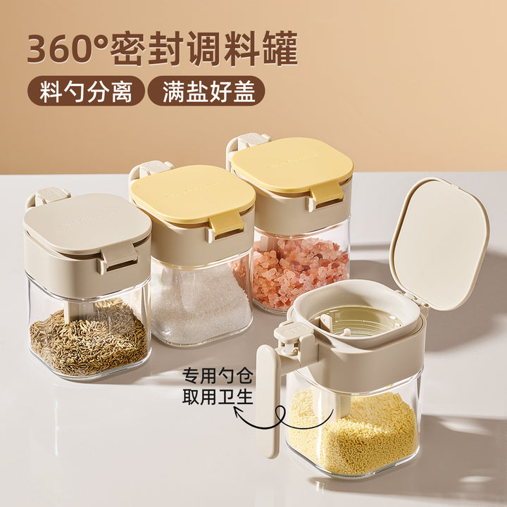 勺仓分离调料罐密封防潮调料盒厨房家用盐罐收纳盒玻璃调味瓶罐子